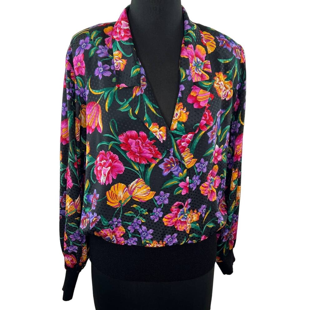 Vintage Castleberry Multi Vibrant Floral Wrap Front Blouse Jacket Knit USA 12